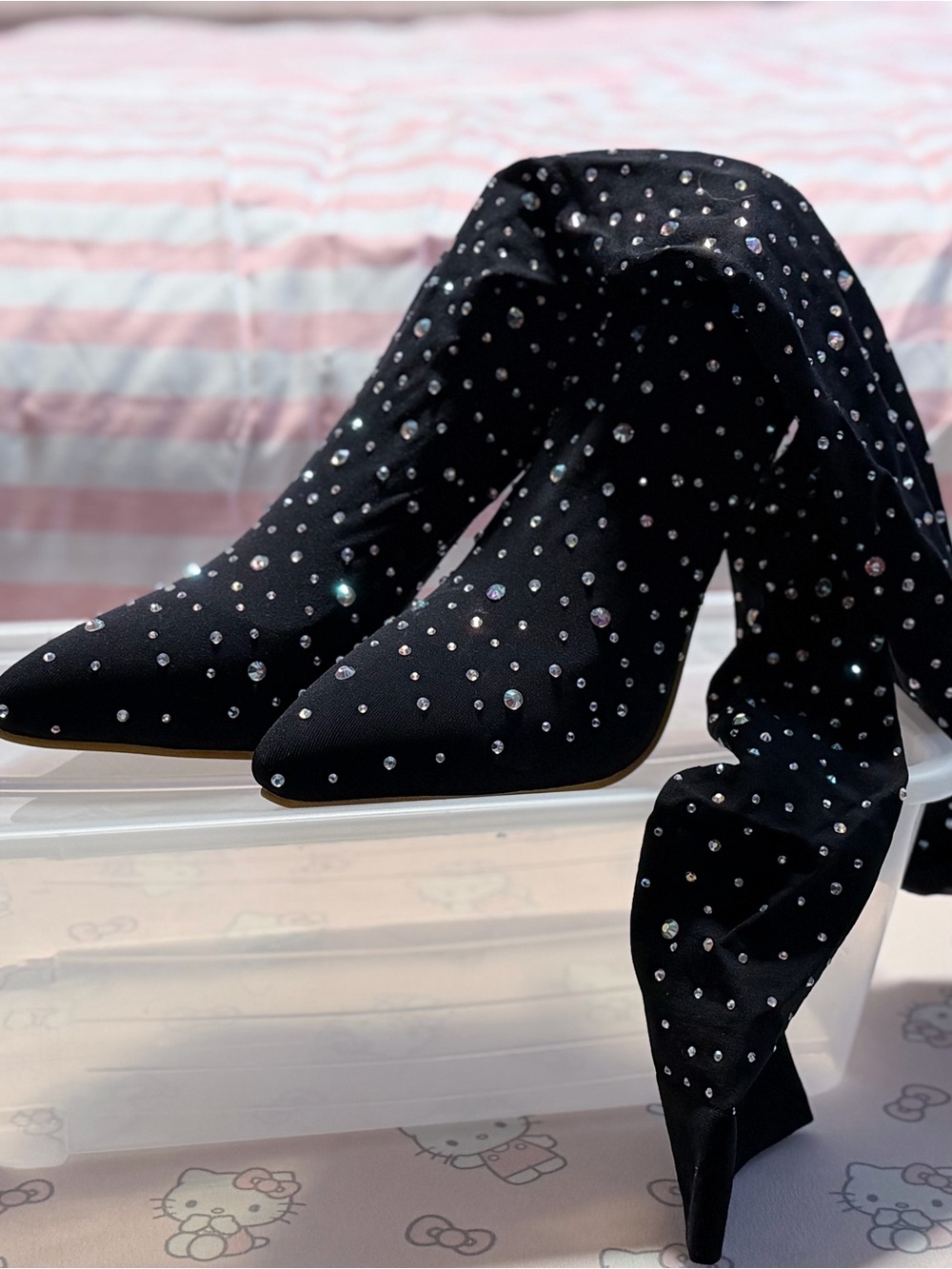 Crystal-Embellished Black Pointed Toe Heeled Boots